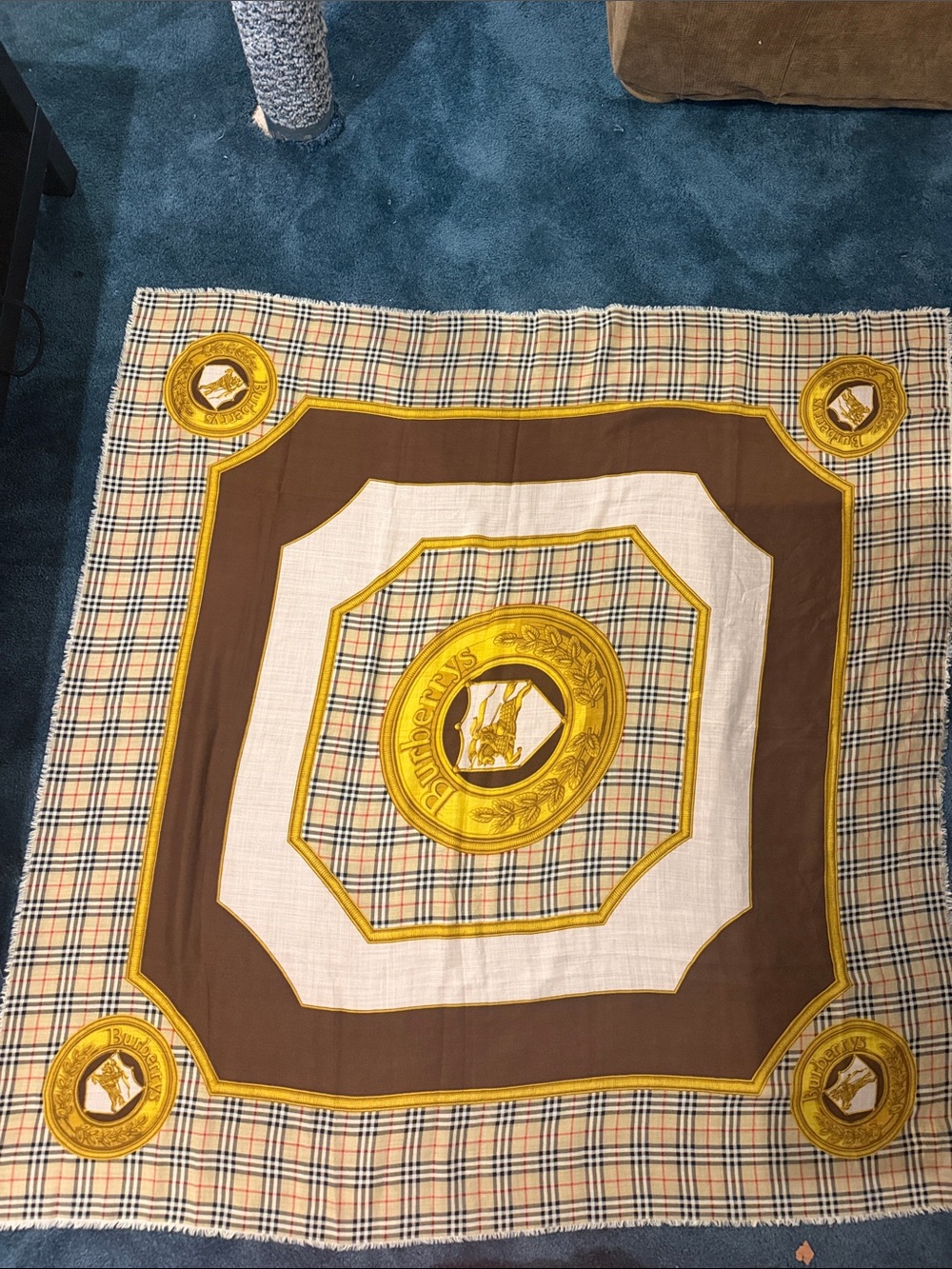 Burberry Brown, Yellow and Cream Plaid Logo Silk Scarf